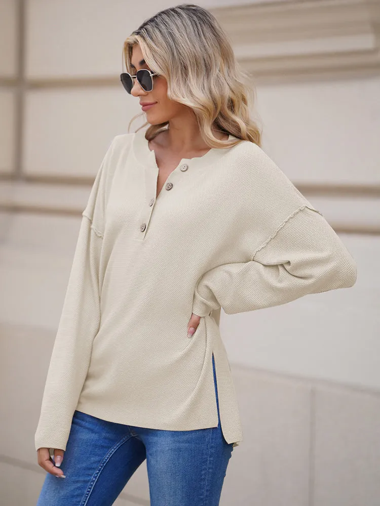 Women's Oversized Sweaters Batwing Sleeve Button Up Color Block Henley Pullover Knit Jumper