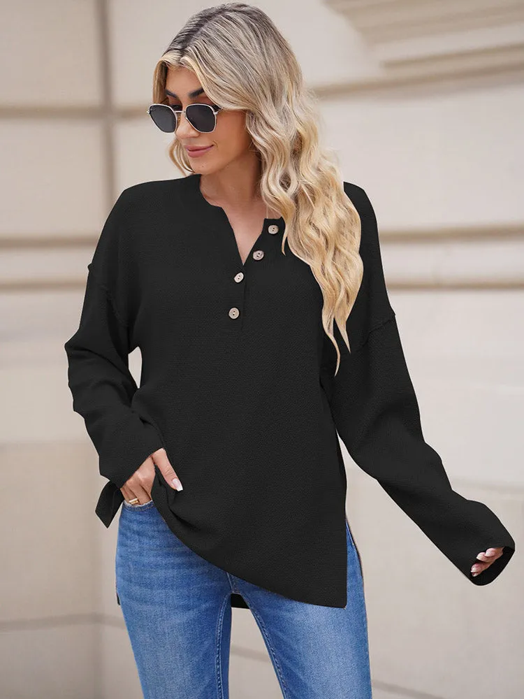 Women's Oversized Sweaters Batwing Sleeve Button Up Color Block Henley Pullover Knit Jumper