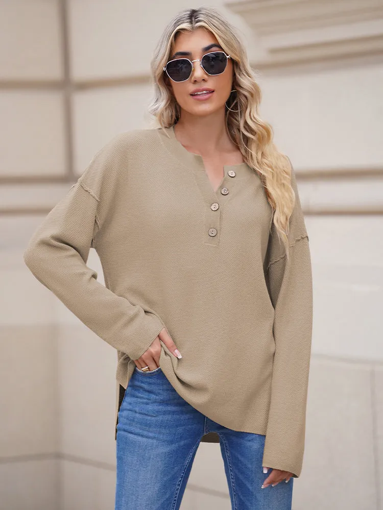 Women's Oversized Sweaters Batwing Sleeve Button Up Color Block Henley Pullover Knit Jumper