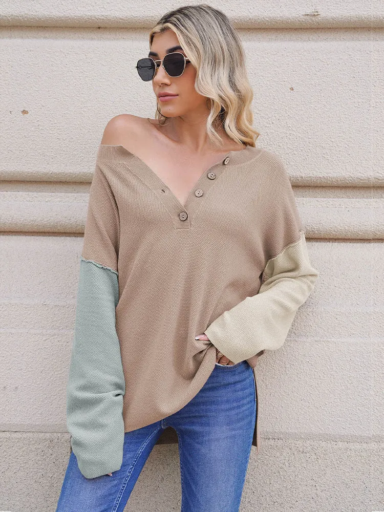 Women's Oversized Sweaters Batwing Sleeve Button Up Color Block Henley Pullover Knit Jumper