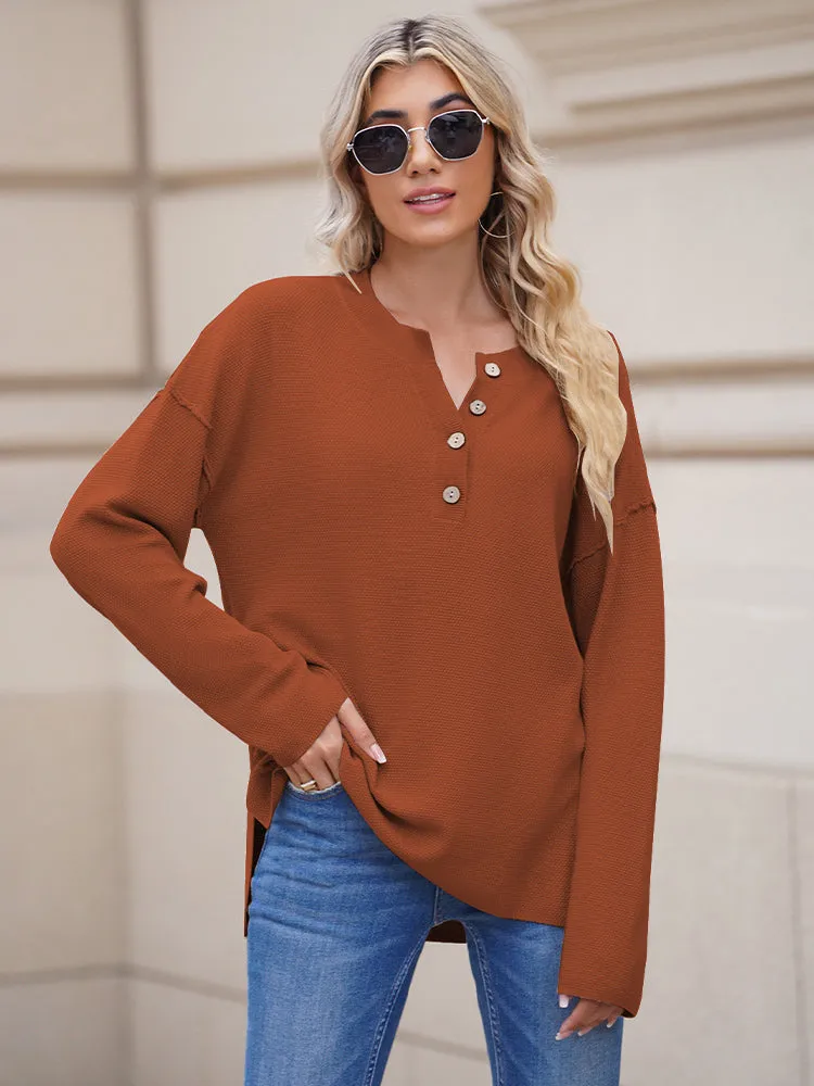 Women's Oversized Sweaters Batwing Sleeve Button Up Color Block Henley Pullover Knit Jumper