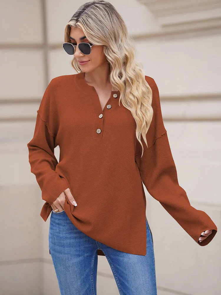 Women's Oversized Sweaters Batwing Sleeve Button Up Color Block Henley Pullover Knit Jumper