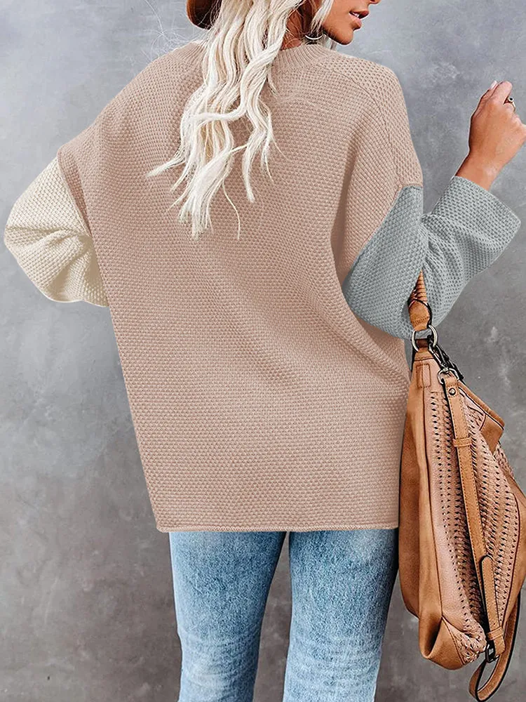 Women's Oversized Sweaters Batwing Sleeve Button Up Color Block Henley Pullover Knit Jumper