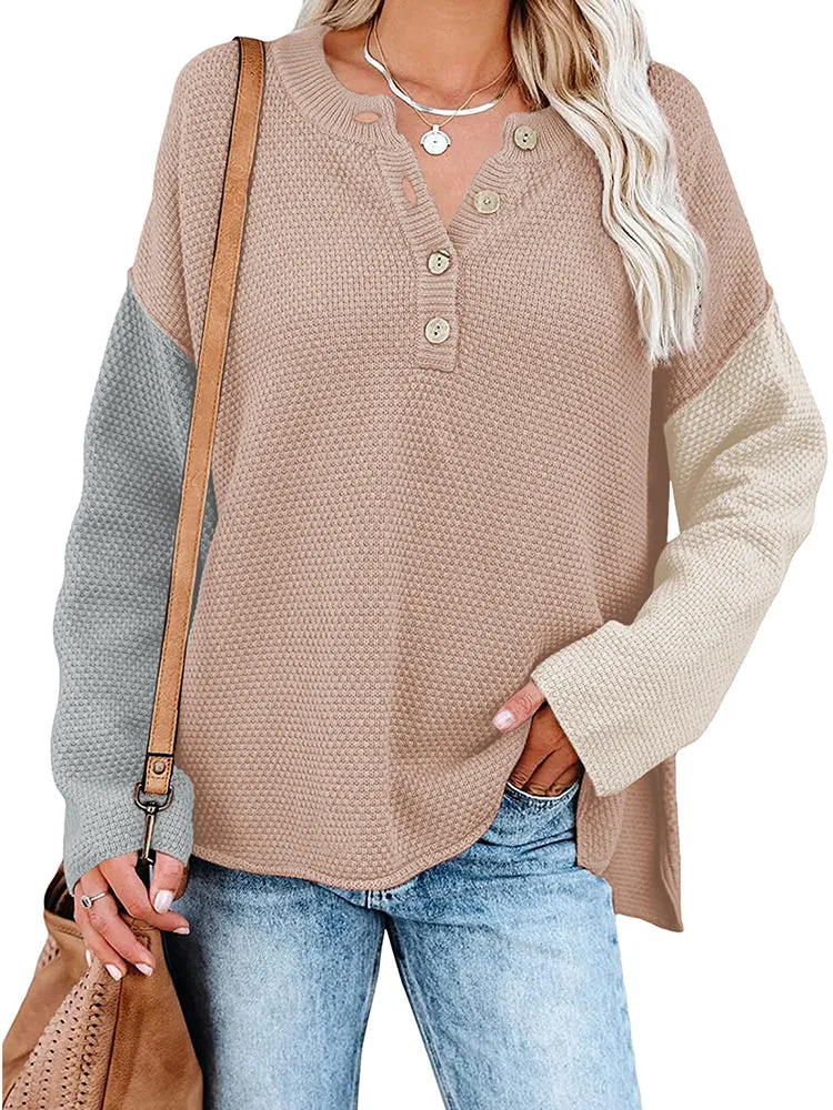 Women's Oversized Sweaters Batwing Sleeve Button Up Color Block Henley Pullover Knit Jumper