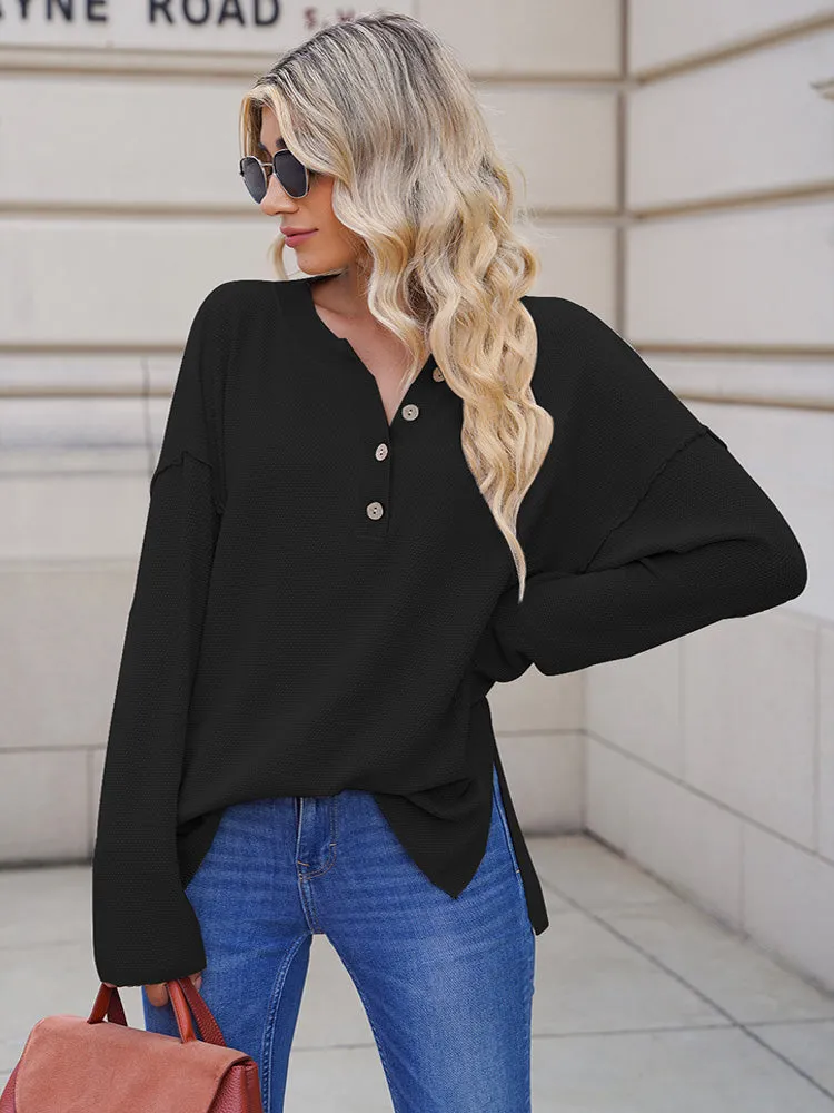 Women's Oversized Sweaters Batwing Sleeve Button Up Color Block Henley Pullover Knit Jumper