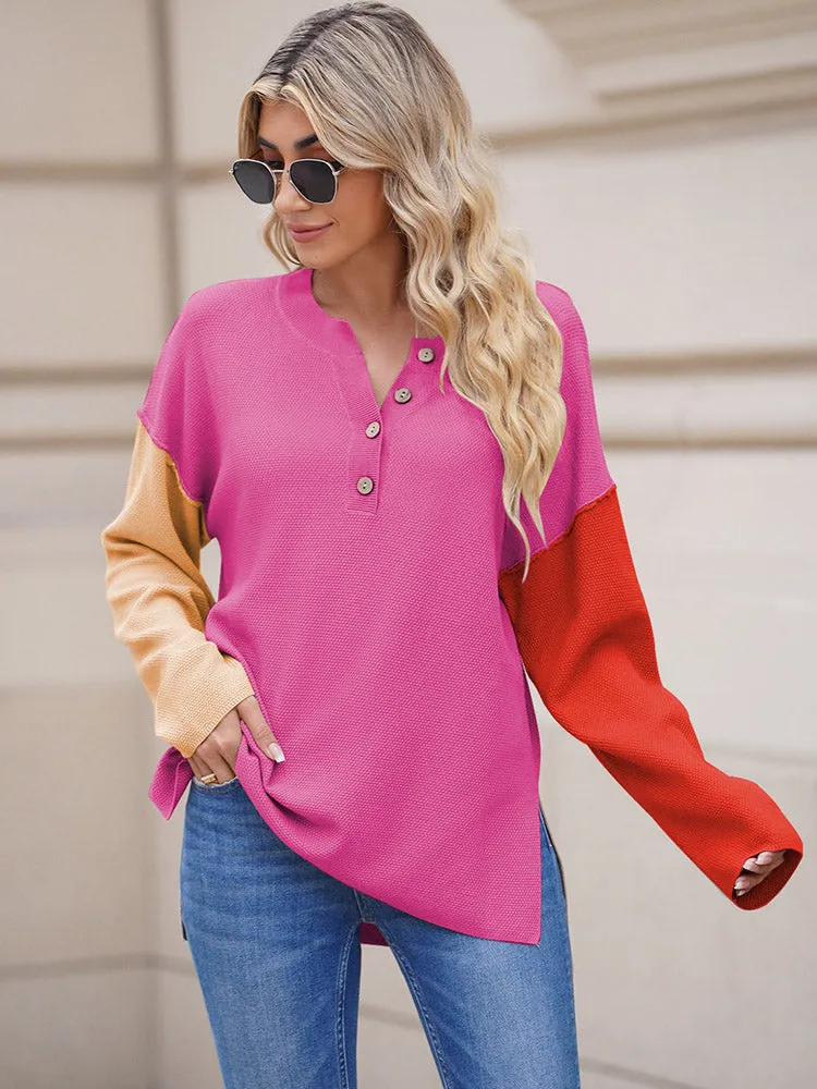 Women's Oversized Sweaters Batwing Sleeve Button Up Color Block Henley Pullover Knit Jumper