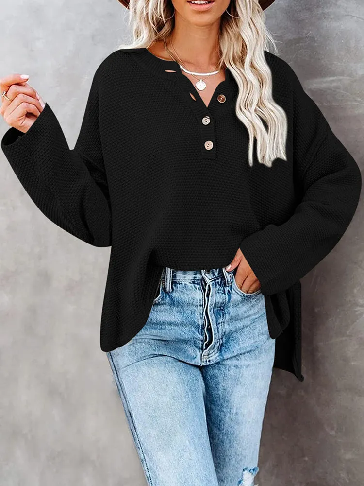 Women's Oversized Sweaters Batwing Sleeve Button Up Color Block Henley Pullover Knit Jumper