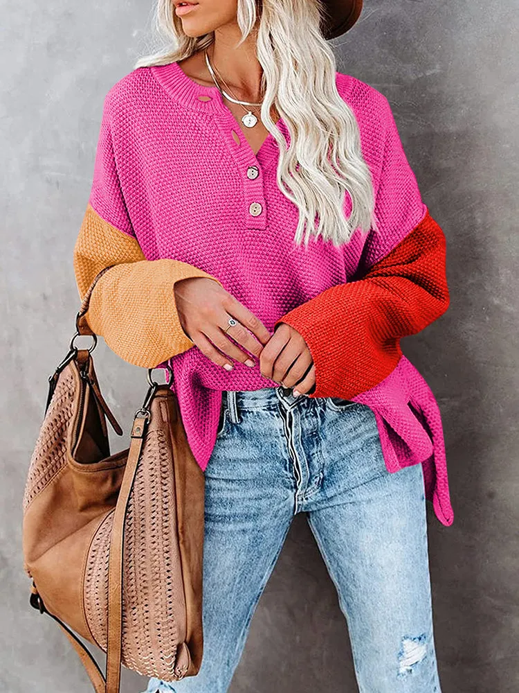 Women's Oversized Sweaters Batwing Sleeve Button Up Color Block Henley Pullover Knit Jumper