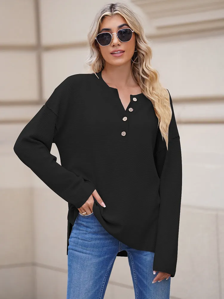 Women's Oversized Sweaters Batwing Sleeve Button Up Color Block Henley Pullover Knit Jumper