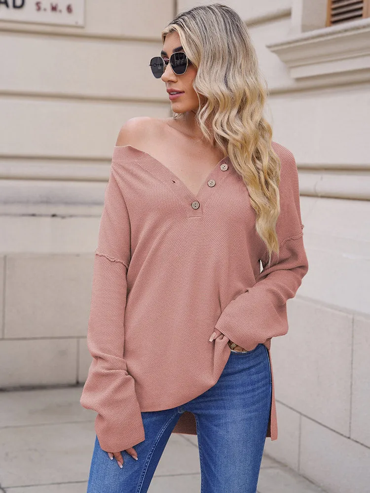 Women's Oversized Sweaters Batwing Sleeve Button Up Color Block Henley Pullover Knit Jumper