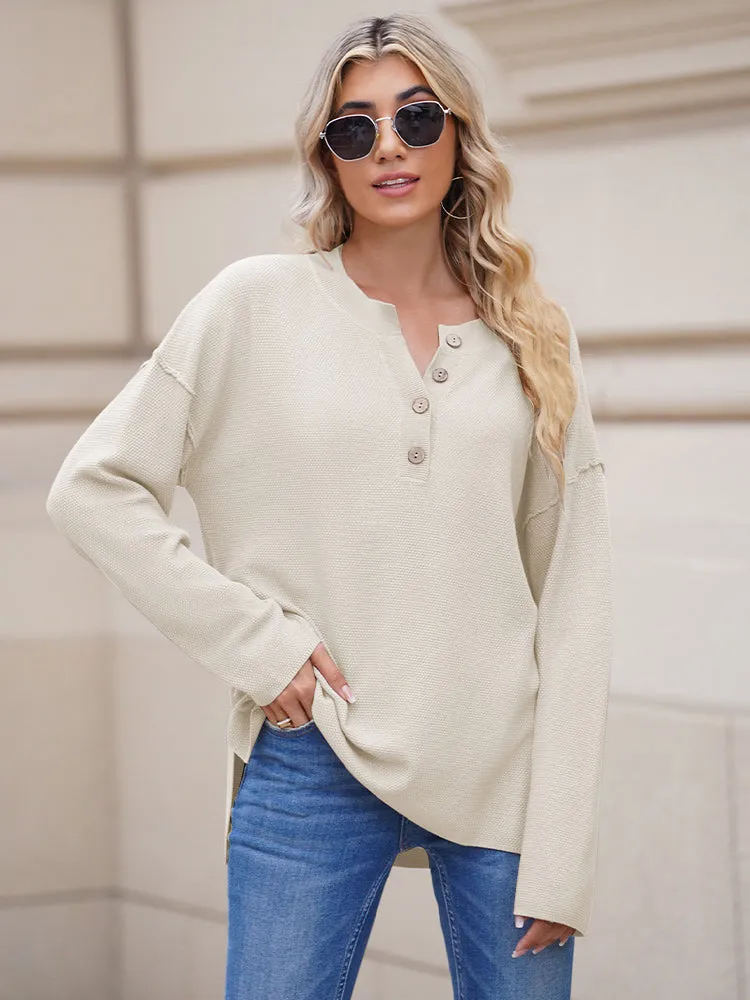 Women's Oversized Sweaters Batwing Sleeve Button Up Color Block Henley Pullover Knit Jumper