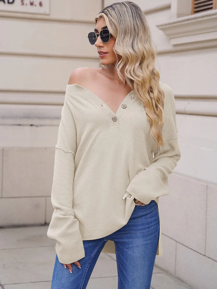 Women's Oversized Sweaters Batwing Sleeve Button Up Color Block Henley Pullover Knit Jumper