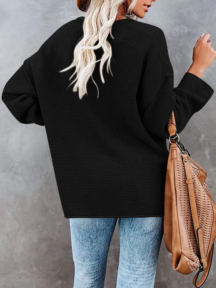 Women's Oversized Sweaters Batwing Sleeve Button Up Color Block Henley Pullover Knit Jumper