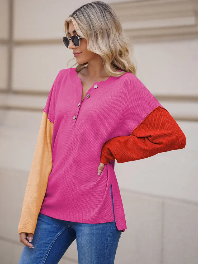 Women's Oversized Sweaters Batwing Sleeve Button Up Color Block Henley Pullover Knit Jumper